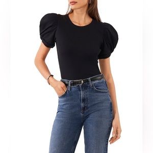 1. STATE Knotted Crew Neck Short Puffed Sleeve Top In Black